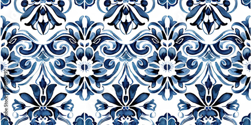 Seamless ornate azulejo ceramic tile art pattern wallpaper background backdrop. Blue abstract ornaments, glazed tilework from Spain and Portugal