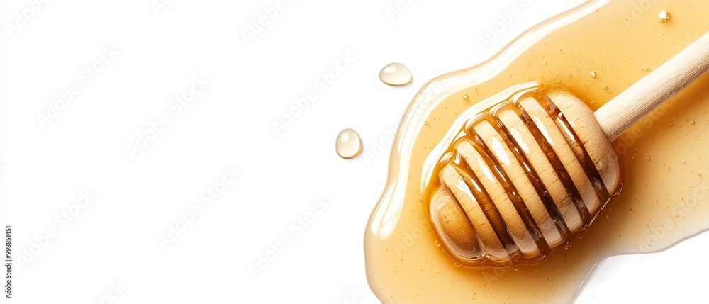 A wooden spoon brimming with honey sits atop a pristine white countertop, adorned with droplets of golden syrup alongside A wooden spoon brimming with honey sits atop a pristine white countertop, adorned with droplets of golden syrup alongside
