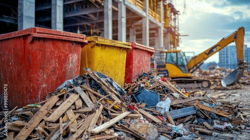 Construction Debris and Recycling Bins at Construction Site