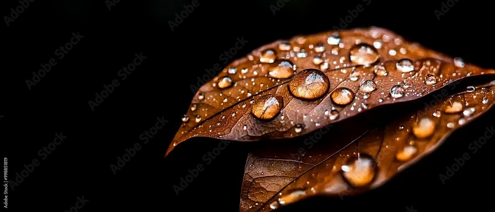 Close-up of a brown leaf with dewdrops, on a black backdrop Close-up of a brown leaf with dewdrops, on a black backdrop