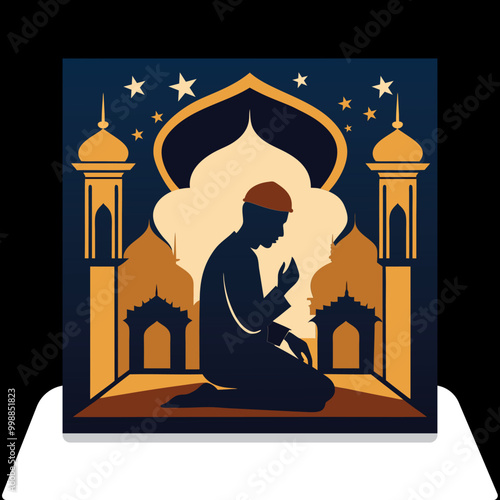 Muslim man praying in mosque Vector art illustration 