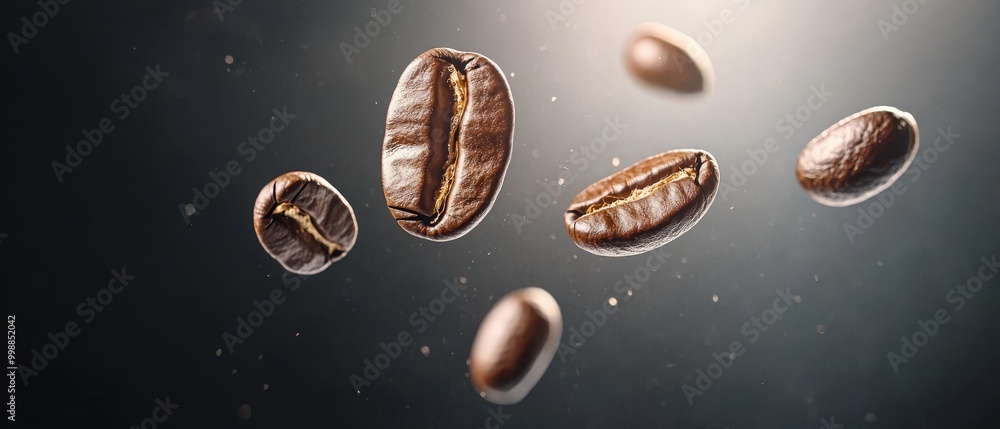 A cluster of coffee beans suspended in mid-air against a dark backdrop, illuminated from above by a radiant light source A cluster of coffee beans suspended in mid-air against a dark backdrop, illuminated from above by a radiant light source
