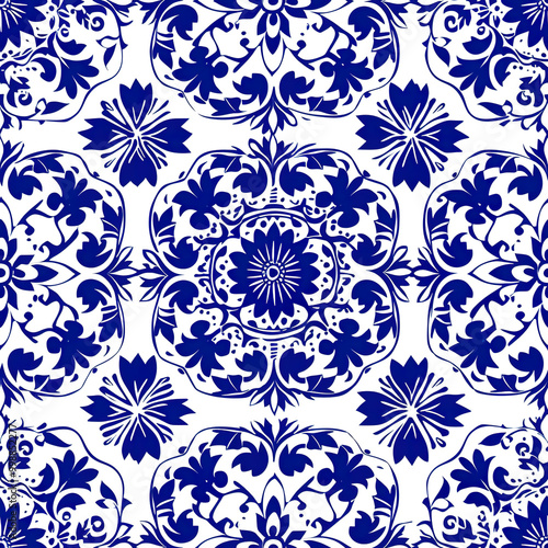 Seamless ornate azulejo ceramic tile art pattern wallpaper background backdrop. Blue abstract ornaments, glazed tilework from Spain and Portugal