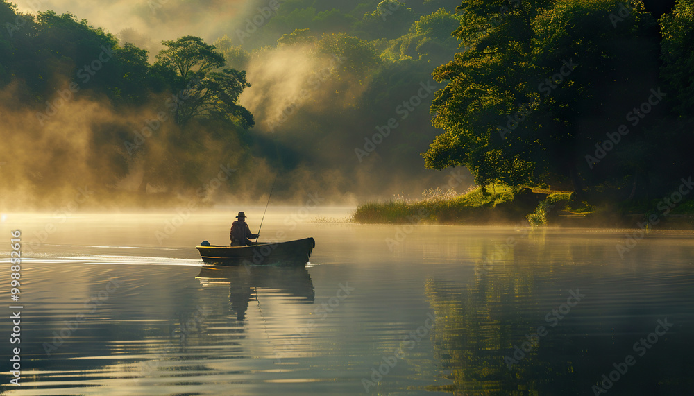 Fisherman on a boat, morning sunrise mist on a lake background wallpaper backdrop. Fishing, relaxation in nature, meditation lifestyle Fisherman on a boat, morning sunrise mist on a lake background wallpaper backdrop. Fishing, relaxation in nature, meditation lifestyle