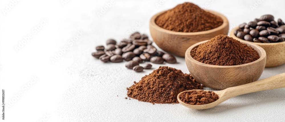Three wooden spoons, each holding ground coffee beans, aligned on a white tablecloth Three wooden spoons, each holding ground coffee beans, aligned on a white tablecloth