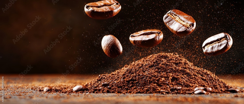 A heap of coffee beans cascading onto another heap on top of the third stack of beans A heap of coffee beans cascading onto another heap on top of the third stack of beans