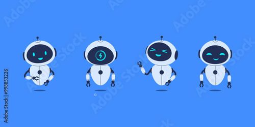 Set of different robots on blue background. Vector illustration for AI concepts, technology designs, and futuristic projects