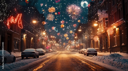 New Year celebrations with snowy streets and vibrant fireworks lighting up the winter sky, capturing the festive spirit of the season