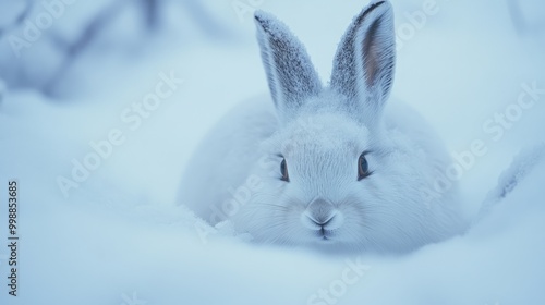 Snow hare blending into its wintery environment, only its sharp eyes visible against the white snow