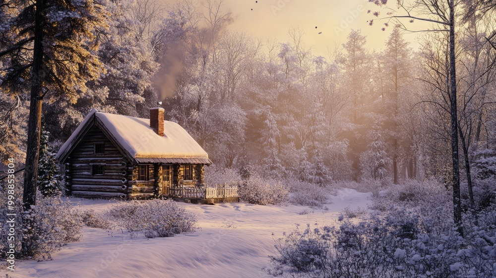 Snow-covered cabin in a peaceful forest, smoke from chimney, serene winter morning Snow-covered cabin in a peaceful forest, smoke from chimney, serene winter morning