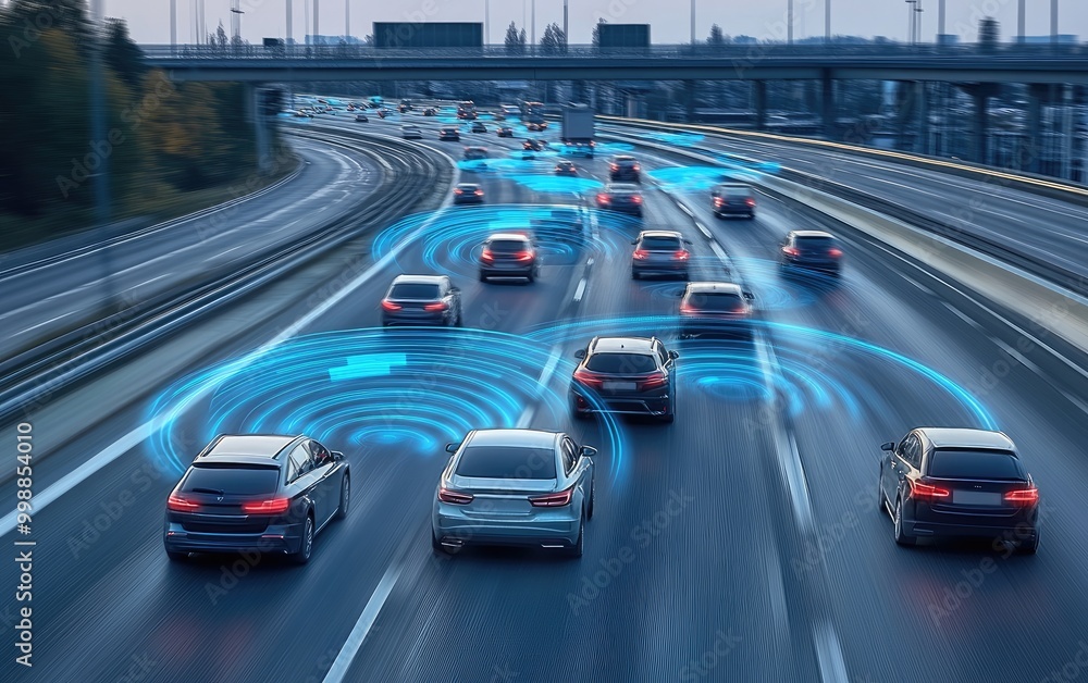 A line of cars drive on a highway with blue waves depicting their communication signals for autonomous driving. A line of cars drive on a highway with blue waves depicting their communication signals for autonomous driving.
