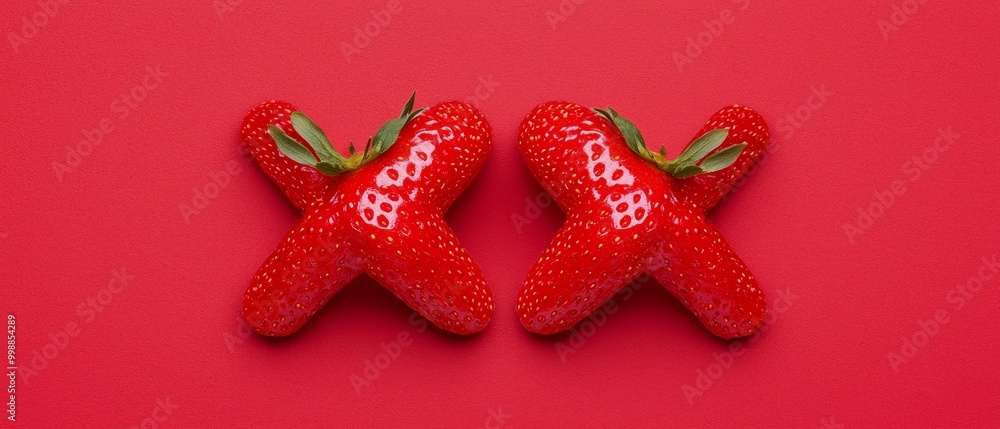 Two strawberries forming an X on a pink backdrop, crowned with a single green leaf above Two strawberries forming an X on a pink backdrop, crowned with a single green leaf above