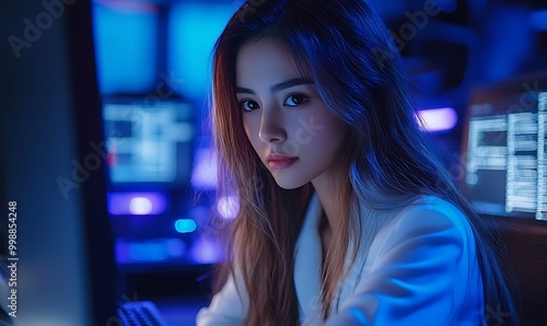  Female cyber security analyst analyzing AI cyberspace threats on computer in dark tech office data centre. Blue lighting. IT specialist ethical hacking 