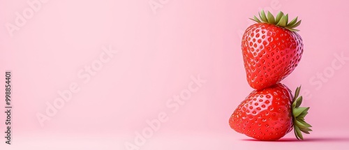  Two strawberries stacked on a pink backdrop, with green stalks extending from the tops photo