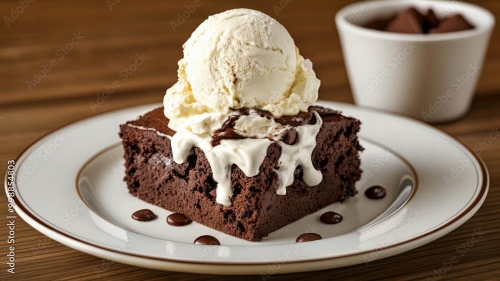 Indulgence in a bite Chocolate cake with a scoop of vanilla ice cream Indulgence in a bite Chocolate cake with a scoop of vanilla ice cream