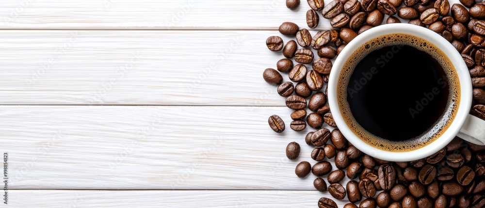1 A cup of coffee sits atop a mound of coffee beans.2 Coffee cup rests on a