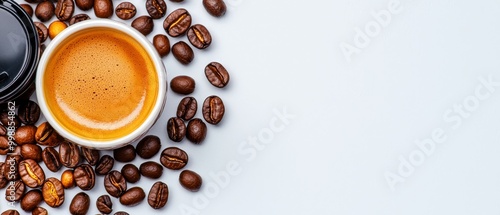  A cup of coffee atop beans, grinder nearby on white table