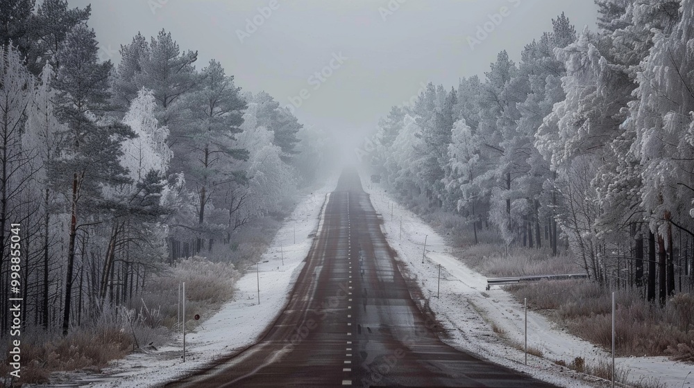 Fototapeta premium A snowy road with trees in the background