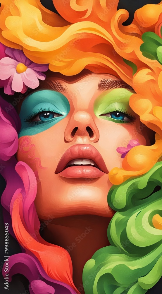 Obraz premium Woman's face with vibrant hair and floral headpiece, against a black backdrop