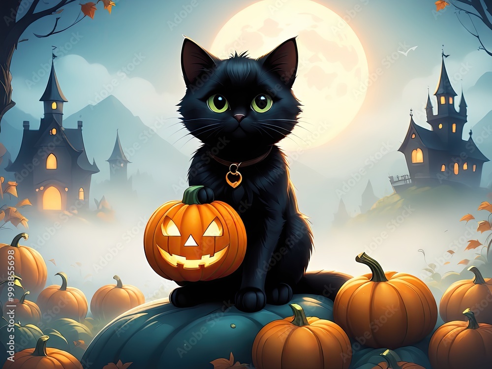 Witchs Cat in Magical Hat Near Evil Pumpkin Haunted Forest Halloween Night Illustration Witchs Cat in Magical Hat Near Evil Pumpkin Haunted Forest Halloween Night Illustration