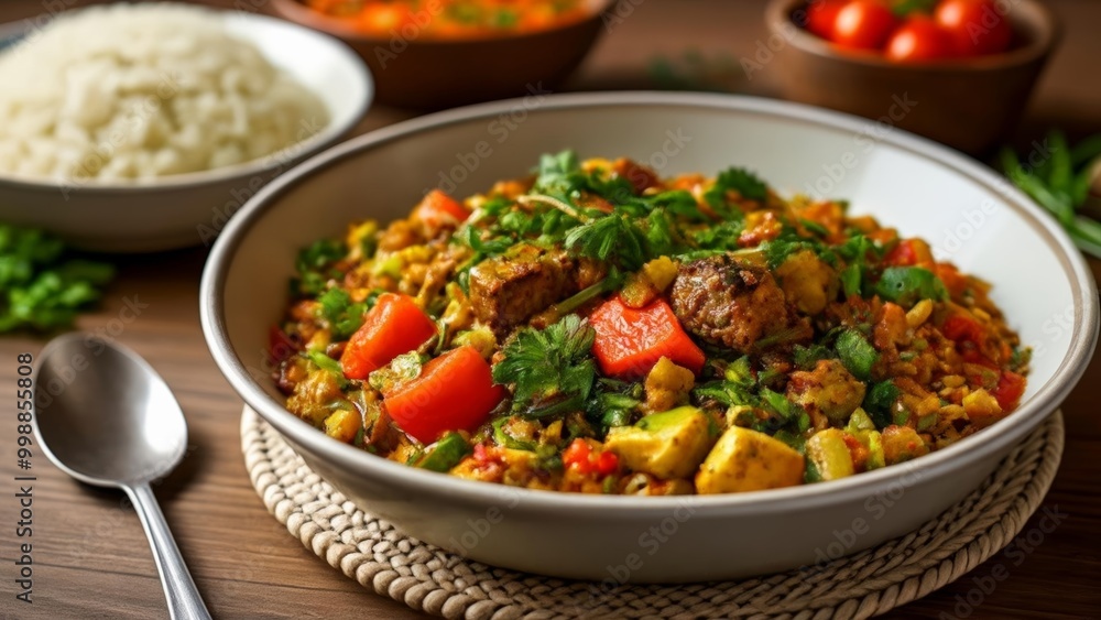Deliciously colorful stirfry with rice ready to be savored Deliciously colorful stirfry with rice ready to be savored