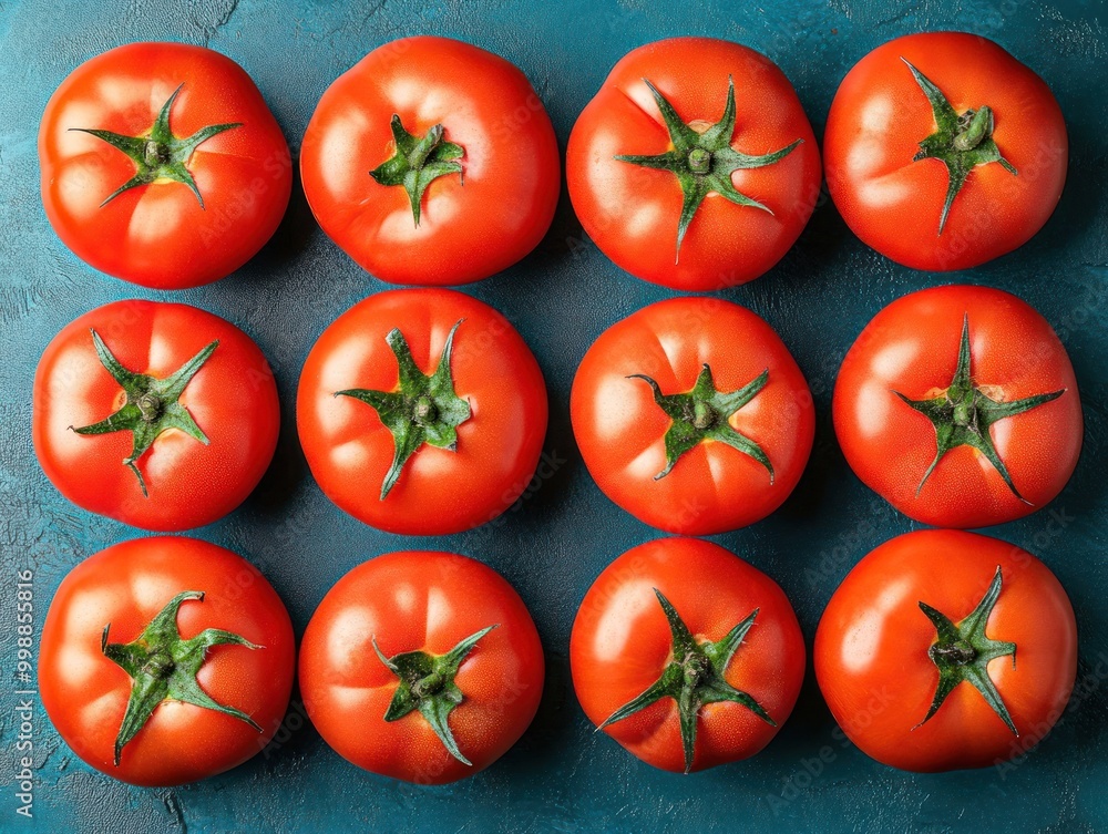 Bright red tomatoes arranged neatly on a blue surface, highlighting their freshness and quality Bright red tomatoes arranged neatly on a blue surface, highlighting their freshness and quality