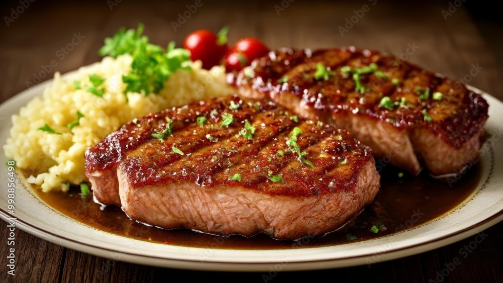 Deliciously grilled steak with a side of fluffy rice and fresh tomatoes Deliciously grilled steak with a side of fluffy rice and fresh tomatoes