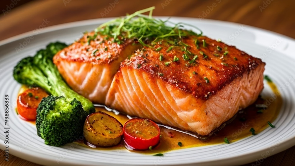 Deliciously cooked salmon with a side of fresh vegetables Deliciously cooked salmon with a side of fresh vegetables