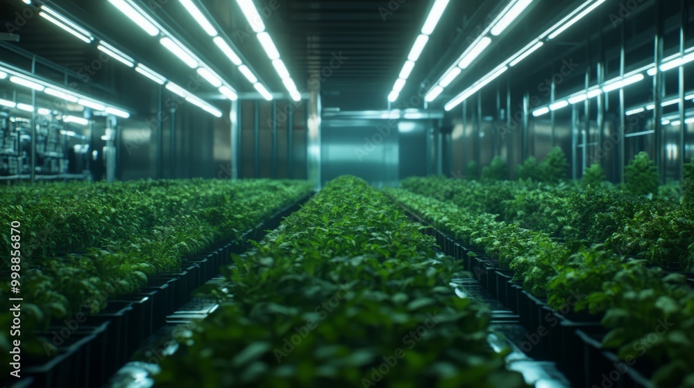 A bustling indoor vertical farm, rows of vibrant greens illuminated by artificial sunlight, defying the limitations of winter. A bustling indoor vertical farm, rows of vibrant greens illuminated by artificial sunlight, defying the limitations of winter.