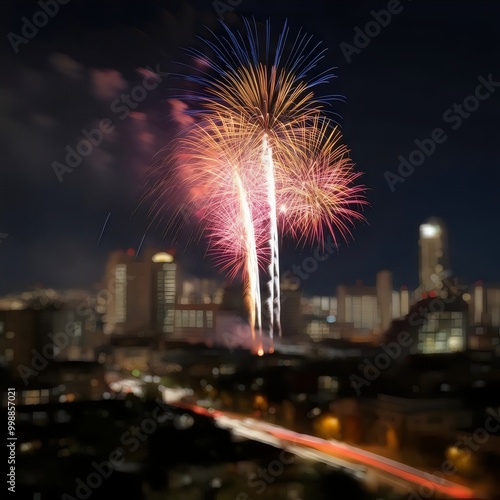 Fireworks in the night sky over the city. 3D illustration.