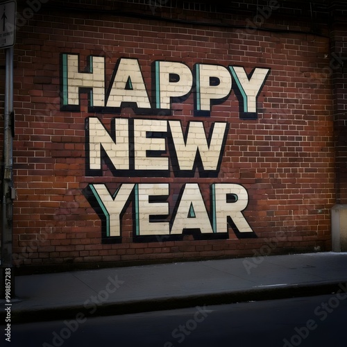 Graffiti on a brick wall, wishes for a happy new year. 3D illustration.