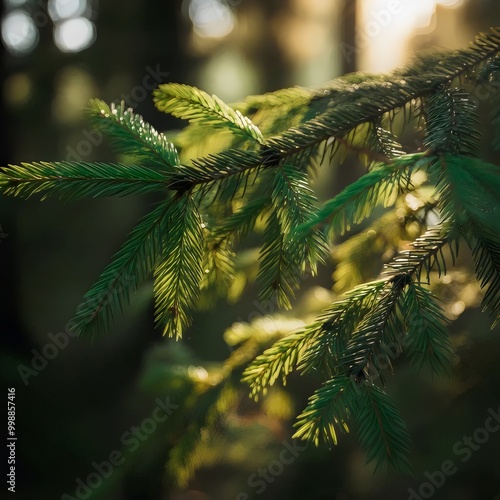 Blurred background with young spruce branches illuminated by the sun. 3D illustration.