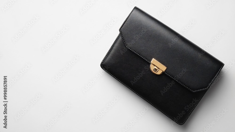 A sleek, minimalist black leather designer purse with gold accents, displayed on a clean white background, showcasing its smooth texture and structured design A sleek, minimalist black leather designer purse with gold accents, displayed on a clean white background, showcasing its smooth texture and structured design