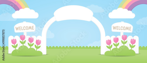 cute kawaii style entrance scene 3d illustration vector in garden or farm theme