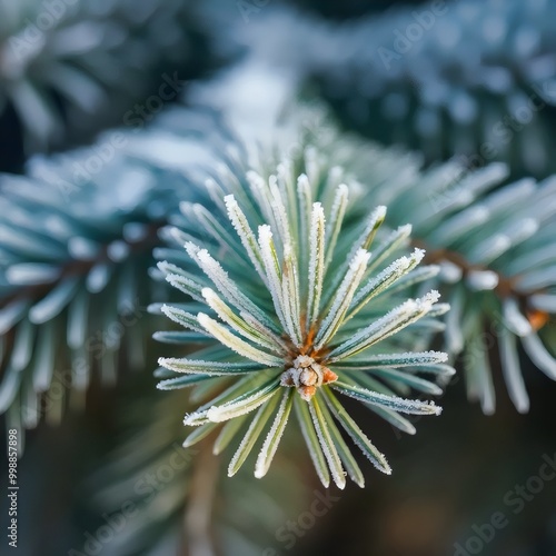 Winter background. Fir needles covered with frost, closeup. 3D rendering.