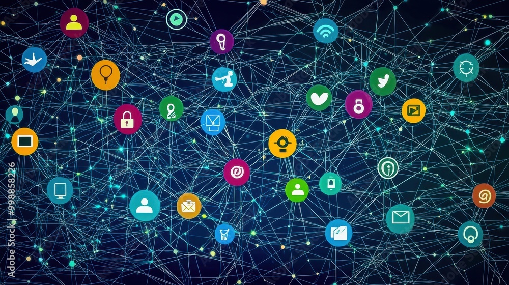 Fototapeta premium An illustration depicting a social media campaign spanning various platforms, showcasing interconnected networks with vibrant icons representing different channels.