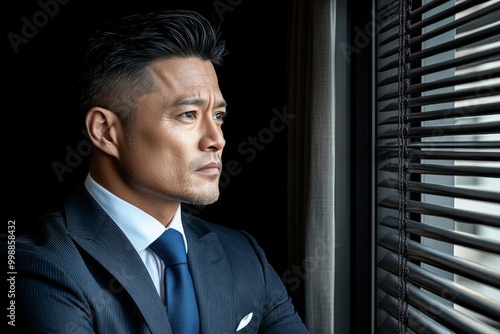 Businessman in Suit Gazing Through Window, Reflecting on Opportunities, Professional Atmosphere, Ideal for Corporate Presentations, Ample Space for Text Integration