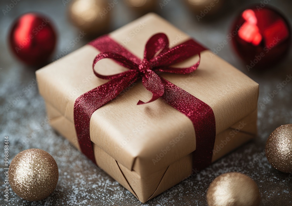 A festive gift box adorned with a shiny ribbon surrounded by colorful holiday ornaments A festive gift box adorned with a shiny ribbon surrounded by colorful holiday ornaments