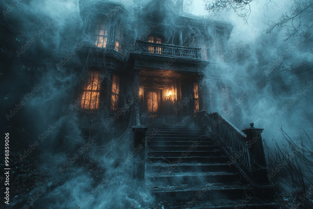 Fototapeta premium A haunted house with spooky sounds and cobwebs, inviting thrill-seekers to enter. Concept of Halloween attractions.