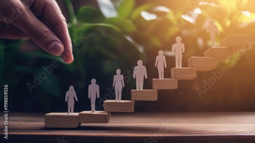 Hand placing a paper figure on a wooden staircase, representing career growth and advancement.