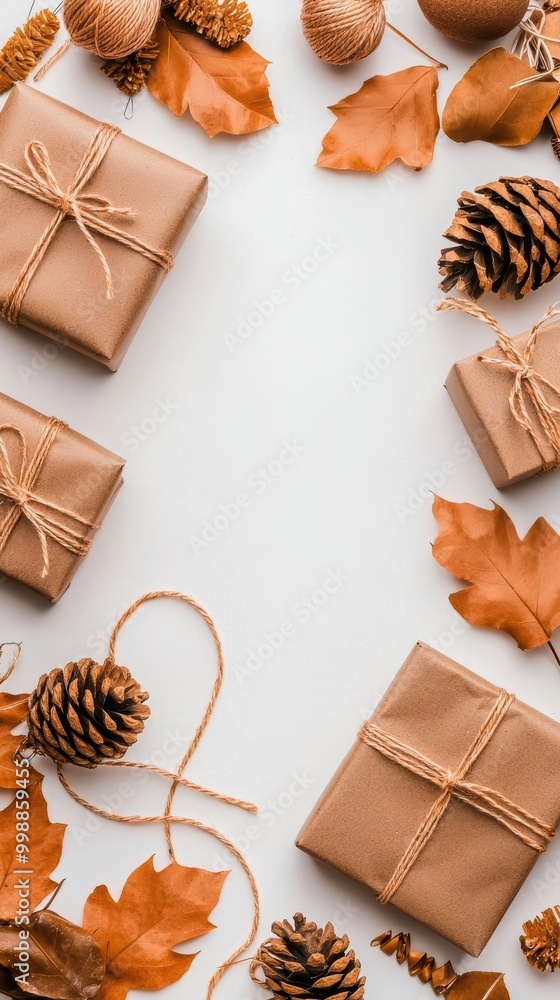 Autumn gifts with leaves and pine cones, arranged on a white background. Autumn gifts with leaves and pine cones, arranged on a white background.
