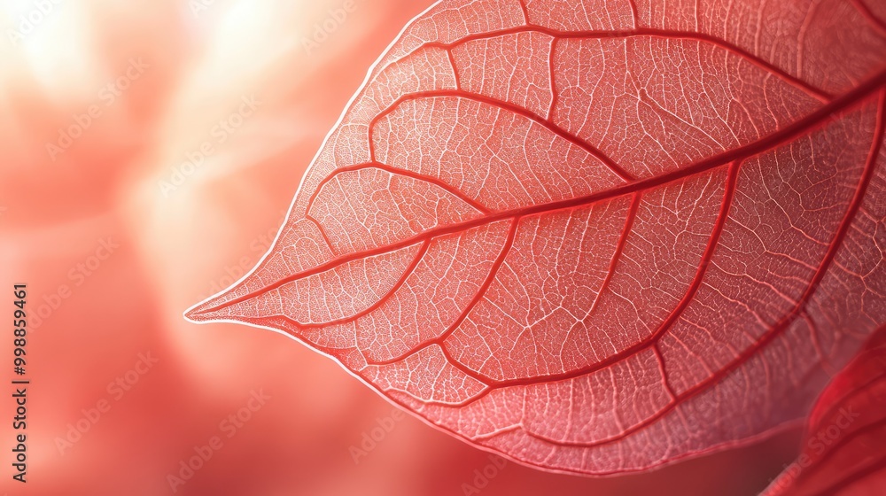 Obraz premium A close-up of a delicate red leaf, glowing translucent under the sunlight, with intricate veins highlighted against a soft background