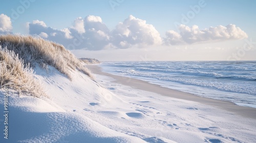 Beaches with winter elements like snow-covered sand and chilly waves, creating a rare and serene coastal winter landscape