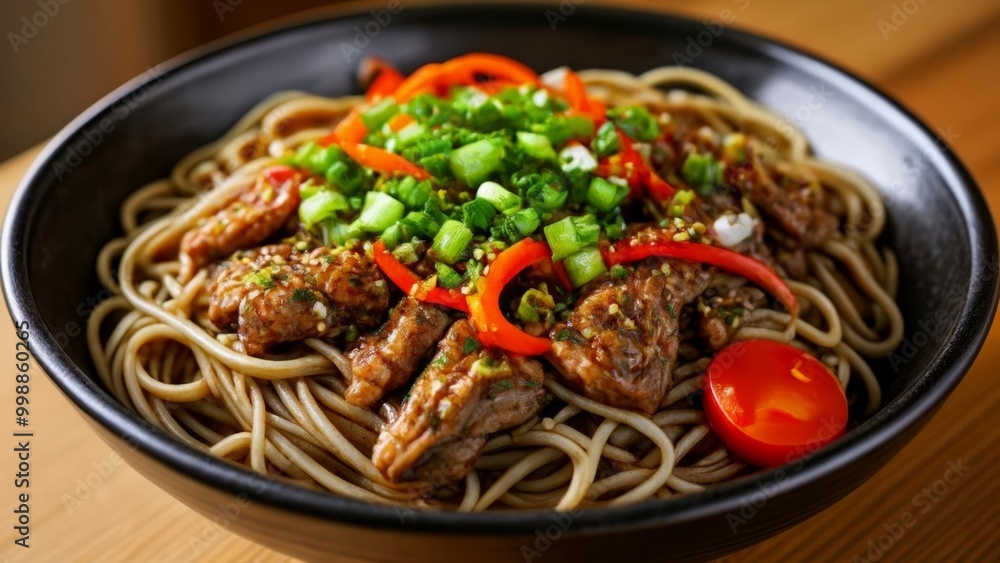 Delicious Asian stirfry with noodles meat and vegetables Delicious Asian stirfry with noodles meat and vegetables