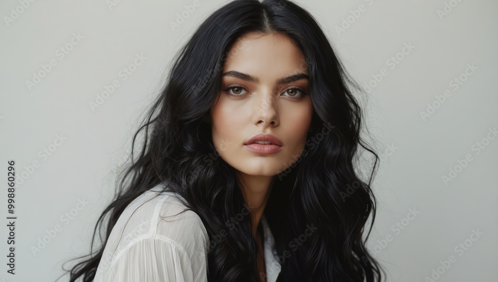 Artistic collage with a central figure of a woman with defined makeup and soft expression. Artistic collage with a central figure of a woman with defined makeup and soft expression.