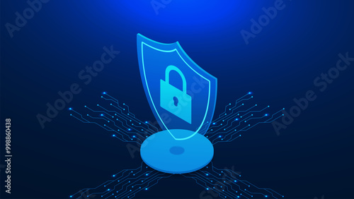 Cyber security concept with shield, padlock and electronic board isometric. Personal data protection, antivirus, safety internet and data secure