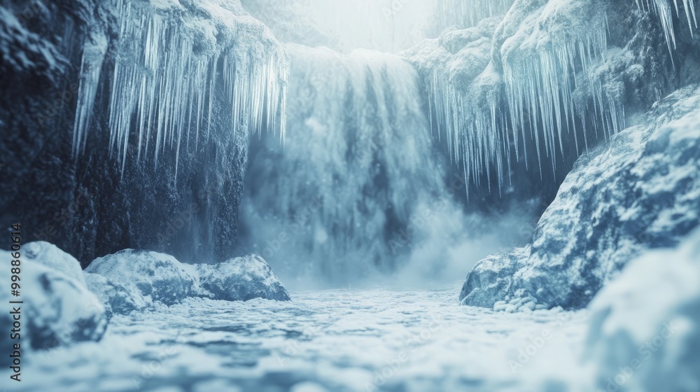 Frozen waterfall, a cascade of icy crystals, a breathtaking spectacle of nature's raw power and beauty Frozen waterfall, a cascade of icy crystals, a breathtaking spectacle of nature's raw power and beauty