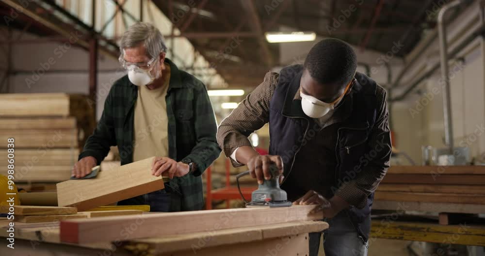 Men, carpenter and sanding woodwork in workshop with machine for production process and manufacturing. Handyman, teamwork and mask with sandpaper tools in warehouse for diy restoration and remodeling Men, carpenter and sanding woodwork in workshop with machine for production process and manufacturing. Handyman, teamwork and mask with sandpaper tools in warehouse for diy restoration and remodeling