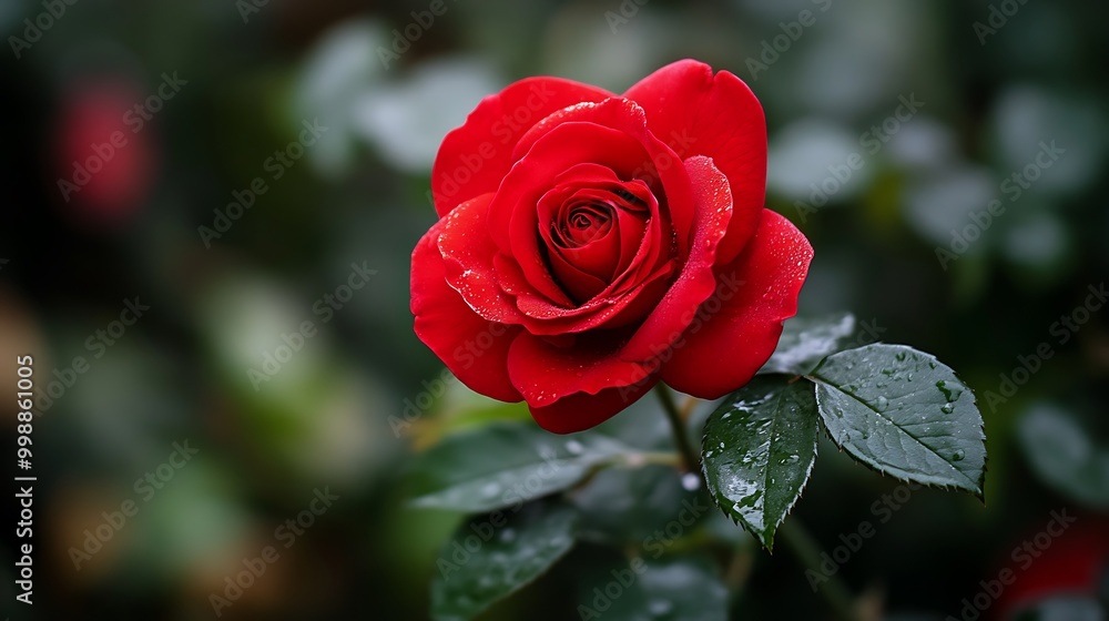 A single red rose with water droplets on its petals, against a blurred background of green leaves. A single red rose with water droplets on its petals, against a blurred background of green leaves.
