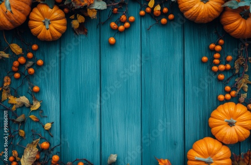 Bright blue wooden background adorned with pumpkins and berries at the top edge, creating a vibrant autumn-themed border  photo